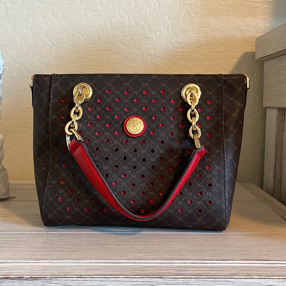 Rioni brown with red trim medium leather satchel with shoulder strap. Brand new!